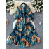 High end slimming dress 2024 autumn new item European and American niche V-neck strap lantern sleeve waist cinching floral skirt