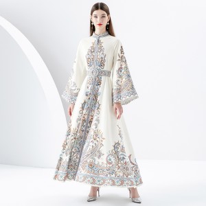 2024 Early Spring - Palace style stand up collar flared sleeve printed long lace dress