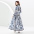 2023 vacation style stand up collar lantern sleeve wave side length printed dress