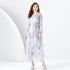 2024 Early Spring - Vacation style V-neck lantern sleeves wave side length retro printed dress two-piece set