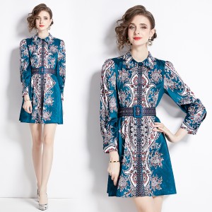 Real shooting spot | 2024 early spring new retro positioning flower shirt collar long sleeved waist slimming short dress