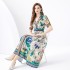 2024 Vacation - Vacation Style Suit Collar Short Sleeve Wide Swing Wave Edge Square Scarf Printed Long Dress