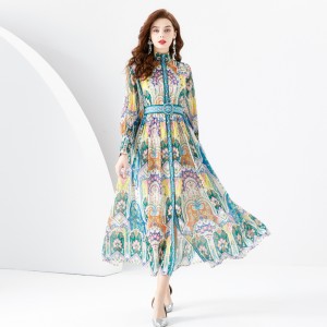 2024 Early Spring - Vacation style stand up collar pleated lantern sleeves retro printed mini dress