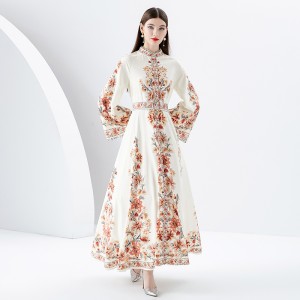 2024 Early Spring - Palace style stand up collar flared sleeve printed long lace dress