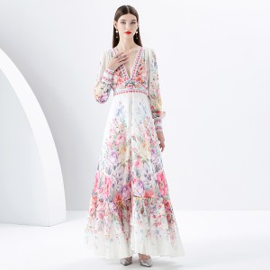 Early Spring 2024- Retro Deep V-neck Lantern Sleeve Wave Edge Wide Swing Printed Long Dress