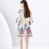 2024- Early season vacation style V-neck pleated lantern sleeves retro printed mini dress