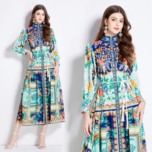 Original in stock | 2024 spring/summer floral ethnic style retro stand up collar lantern sleeve printed dress