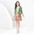 2024 Spring/Summer - Palace style stand up collar lantern sleeves wavy edge mini retro printed dress