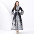 2024 Vacation - Palace style stand up collar flared sleeve single placket printed long lace dress