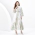 2024 Spring/Summer - Palace style stand up collar flared sleeve single placket printed long lace dress