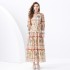 2024 Vacation - Countryside style stand up collar lantern sleeve wave edge extended retro printed dress