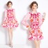 Original Spot | 2024 Early Spring New Printed Retro Collar Fashion Dress Lantern Sleeve High Waist A-line Skirt