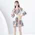 2024- Early season vacation style V-neck pleated lantern sleeves retro printed mini dress