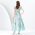 2024 Spring/Summer - Palace style lapel, sleeveless waist, wide skirt, printed long dress