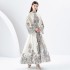 2024 Early Spring - Palace style stand up collar flared sleeve printed long lace dress