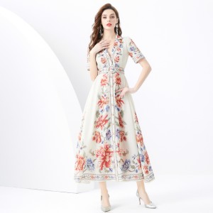 2024 Vacation - Vacation Style Suit Collar Short Sleeve Wide Swing Wave Edge Plant Printed Long Dress