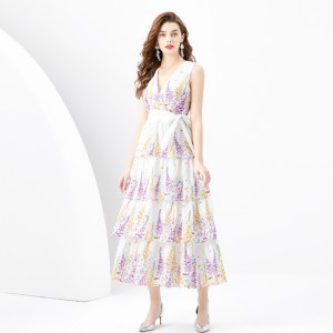 2024 Spring/Summer - Vacation Style V-neck Lantern Sleeve Wave Edge Colorful Mini Printed Cake Dress