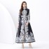 2024 Vacation - Palace style stand up collar lantern sleeve single placket printed long lace dress