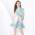 2024 Vacation - Palace style stand up collar lantern sleeves, single placket printed short mini dress