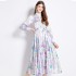 Original in stock | 2024 spring new satin retro stand up collar lantern sleeve printed dress