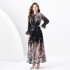 2024 Spring/Summer - Vacation style V-neck mushroom edge ribbon pleated wide swing printed skirt set, four pieces