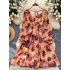 2024 autumn new niche light mature style dress for women, French style waist cinched square collar lantern sleeve printed chiffon long dress