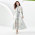 2023 vacation style stand up collar lantern sleeve wave side length printed dress