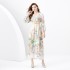 2024 Spring/Summer - Lace Vacation Style V-neck Lantern Sleeve Hundred Fold Printed Long Dress