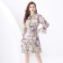 2024 Vacation - Colorful Flower V-neck Mushroom Edge Strap Shrink Fold Wide Swing Printed Mini Dress