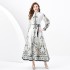 2024 Spring/Summer - Palace style Retro Stand up Collar Single breasted Diagonal Cut Printed Wide Swing Long Dress