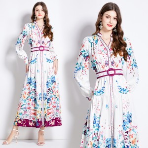 Original in stock | 2024 ethnic style retro positioning printed shirt lantern long sleeved high waisted dress