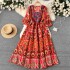 Spring and summer vacation ethnic style printed embroidered square neck dress for women with a waist cinched and pleated A-line loose long skirt