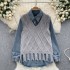 Korean version sweet college style fashion two-piece set of women's tassel knitted vest+casual versatile loose denim shirt