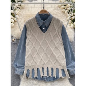 Korean version sweet college style fashion two-piece set of women's tassel knitted vest+casual versatile loose denim shirt