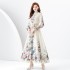 2024 Spring/Summer - Vacation style stand up collar single breasted tropical plant print wide swing long dress