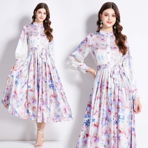 Original in stock | 2024 spring new satin retro stand up collar lantern sleeve printed dress