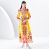 2024 Early Spring - Vacation style stand up collar lantern sleeves wave side length colorful printed dress