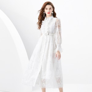 2024 Spring/Summer - Vacation style retro lapel collar single breasted lace embroidery wide swing long dress