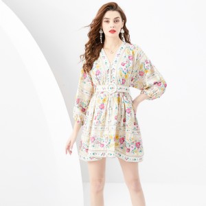 2024 Spring/Summer - Vacation style V-neck pleated lantern sleeves retro printed mini dress