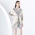 2024 Early Spring - Vacation style V-neck pleated lantern sleeves retro printed mini dress