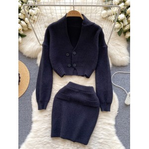 Fashionable Knitted Set Women's Sexy Deep V-neck Short Double breasted Knitted Cardigan+Skirt Two Piece Set Trendy