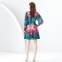 2024 Early Spring - Vacation style stand up collar lantern sleeve wavy edge painted mini print dress