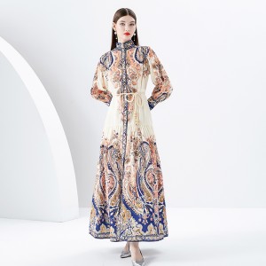 2024 Early Spring - Vacation style stand up collar lantern sleeves wave side length retro printed dress