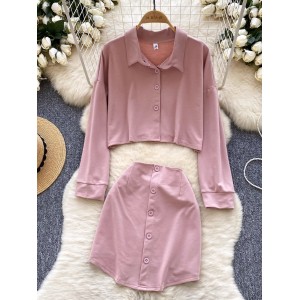 Korean fashion versatile polo collar long sleeved short top+high waisted single breasted irregular skirt two-piece set