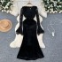 High end socialite dress, 2024 autumn sexy square neck flared sleeve lace patchwork velvet slim fit long dress