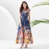 2023 Autumn Palace Vacation Style Standing Collar Lantern Sleeve Wide Skirt Shrink Fold Long Printed Skirt