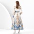 Early Spring 2024- Vintage stand up collar cardigan with wide skirt and lantern sleeves printed long dress