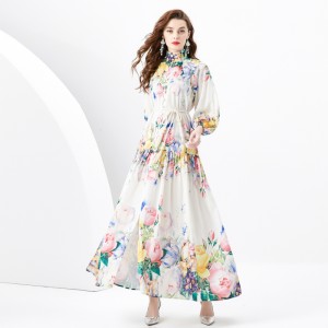 2024 Spring/Summer - Retro Oil Painting Painted Standing Collar Long Lantern Sleeve Wave Edge Printed Dress