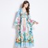 Original in stock | 2024 early spring vacation style temperament design sense V-neck printed long sleeved waist cinching dress