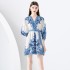 2024- Early season vacation style V-neck pleated lantern sleeves retro printed mini dress